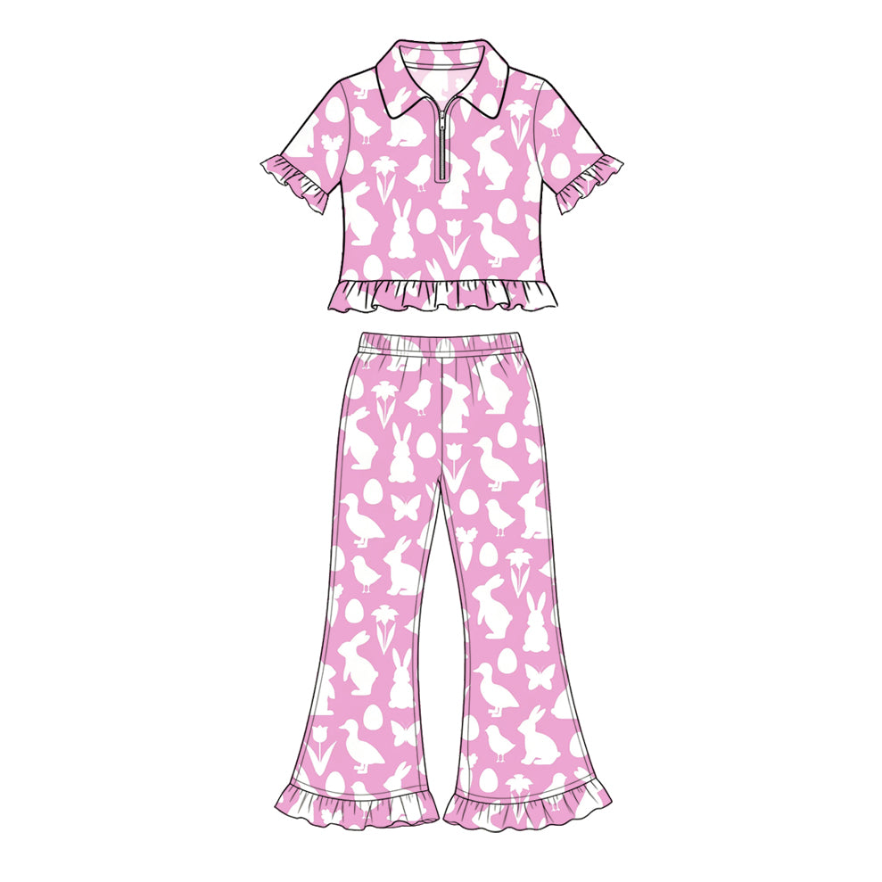 Preorder (moq 5) Baby Girl Clothes Easter Bunny Duck Silhouette Pink Print Short Sleeve Ruffle Flare Pant Set