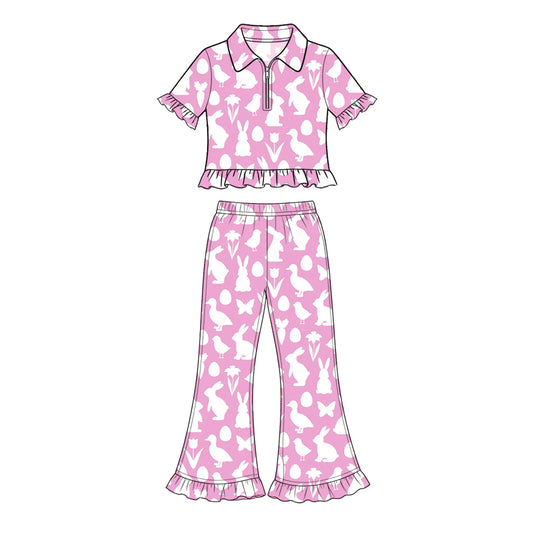 Preorder (moq 5) Baby Girl Clothes Easter Bunny Duck Silhouette Pink Print Short Sleeve Ruffle Flare Pant Set