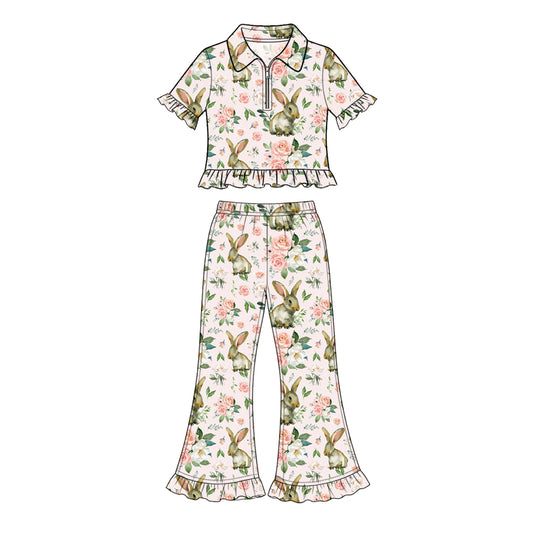 Preorder (moq 5) Baby Girl Clothes Easter Floral Rabbit Watercolor Print Short Sleeve Ruffle Flare Pant Set