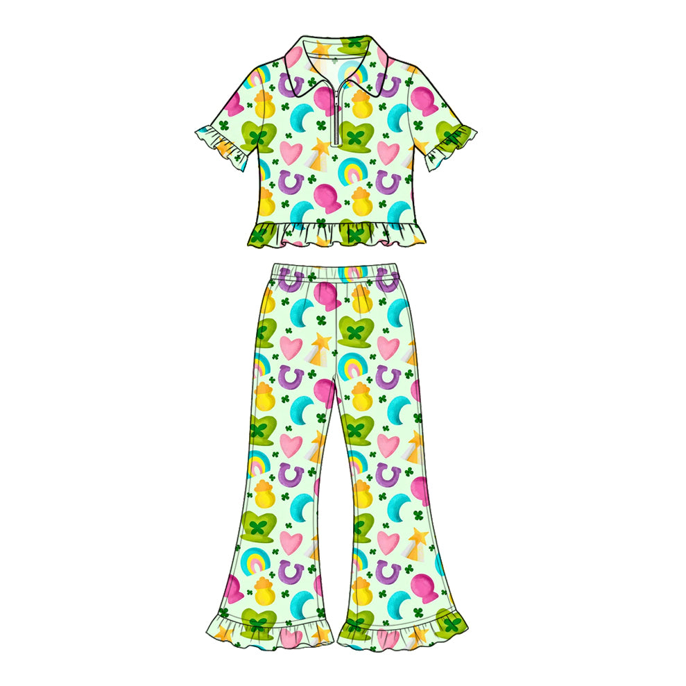 Preorder (moq 5) Baby Girl Clothes St Patricks Day Lucky Charm Rainbow Print Short Sleeve Ruffle Flare Pant Set