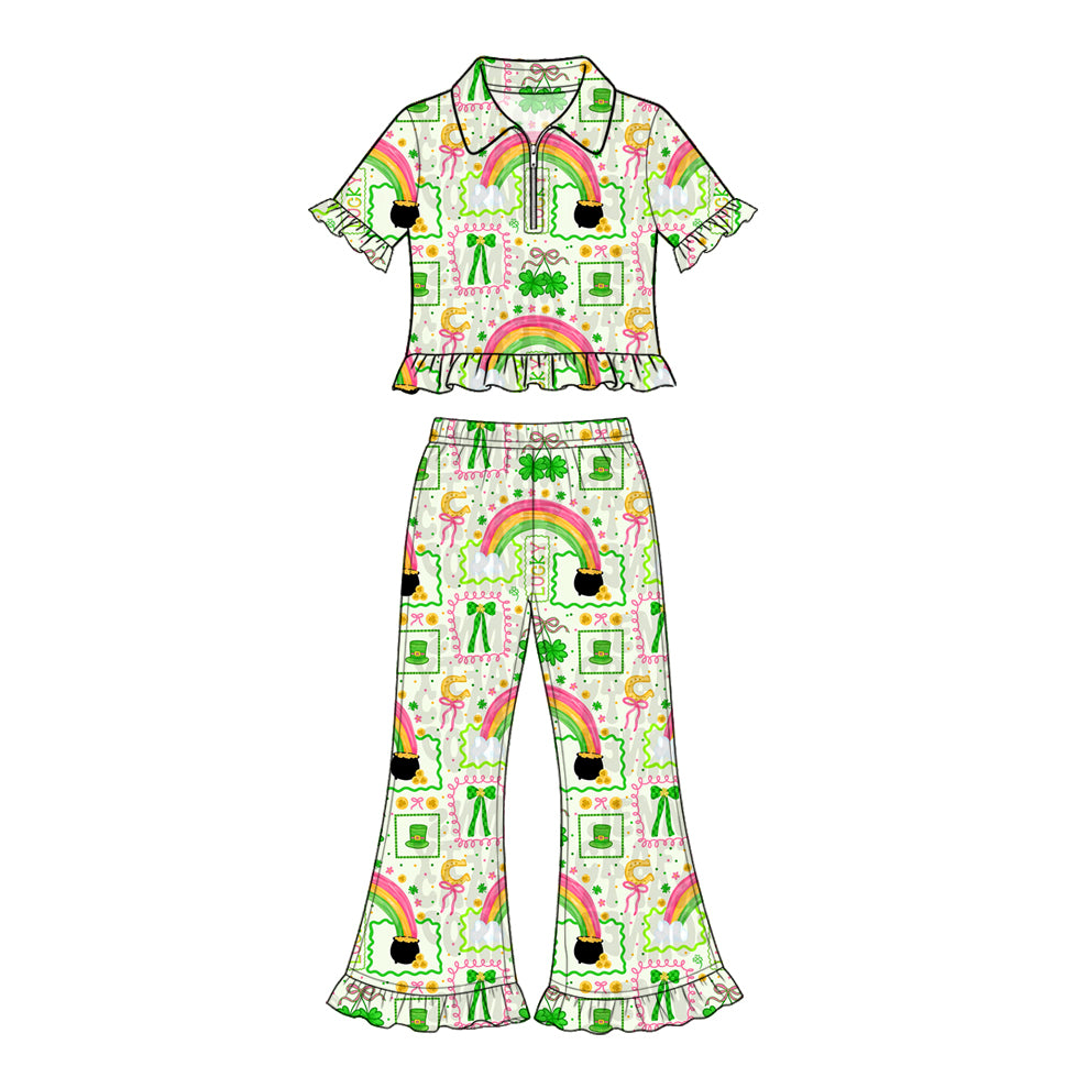 Preorder (moq 5) Baby Girl Clothes St Patricks Day Rainbow Pot Of Gold Print Short Sleeve Ruffle Flare Pant Set