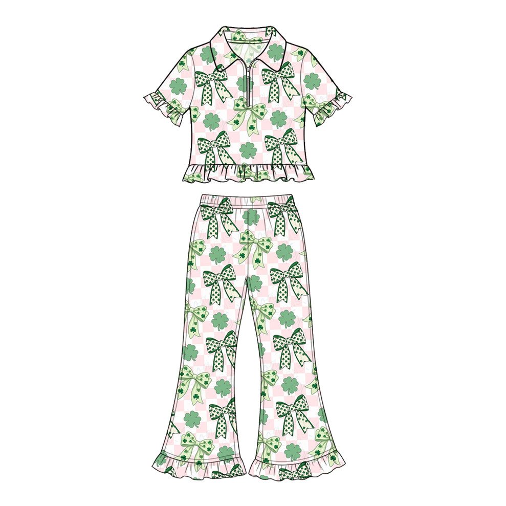 Preorder (moq 5) Baby Girl Clothes St Patricks Day Clover Bow Checkered Print Short Sleeve Ruffle Flare Pant Set