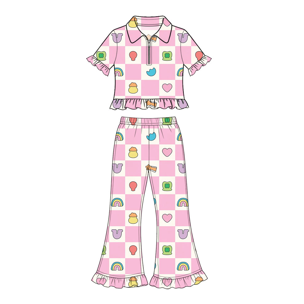 Preorder (moq 5) Baby Girl Clothes St Patricks Day Cute Lucky Checker Print Short Sleeve Ruffle Flare Pant Set