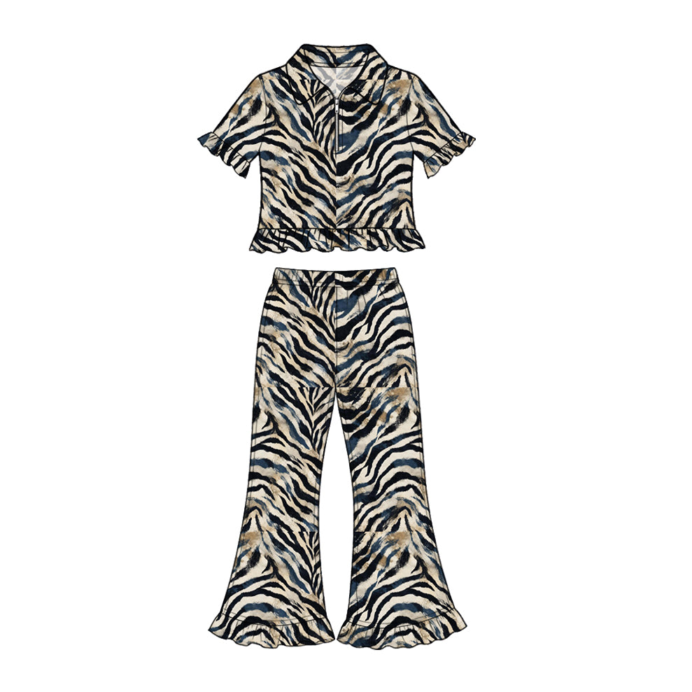 Preorder (moq 5) Baby Girl Clothes Vintage Zebra Stripe Print Short Sleeve Ruffle Flare Pant Set