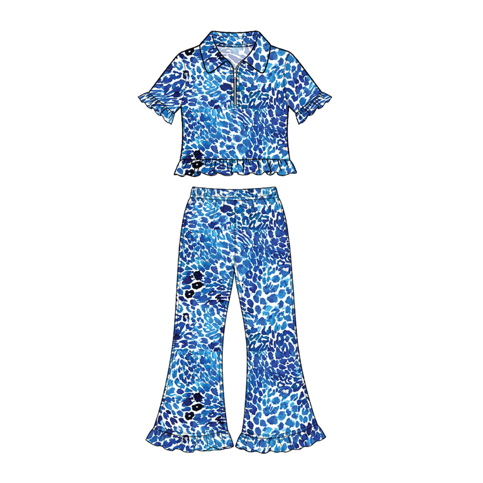 Preorder (moq 5) Baby Girl Clothes Bright Blue Leopard Print Short Sleeve Ruffle Flare Pant Set