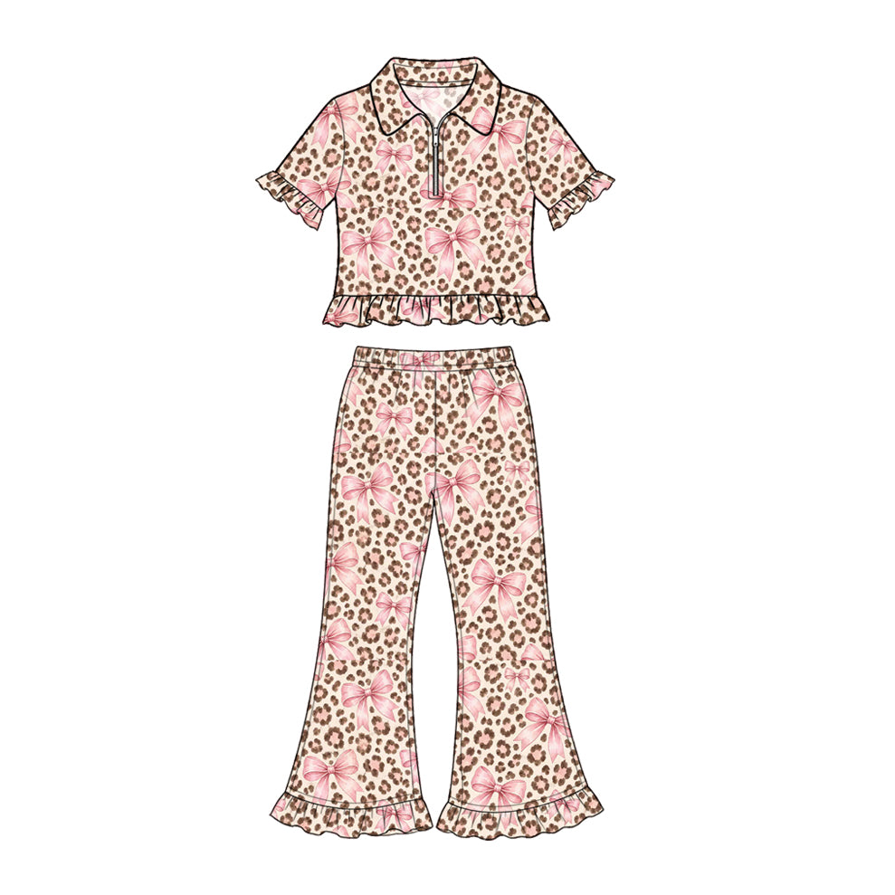 Preorder (moq 5) Baby Girl Clothes Leopard Pink Bow Mixed Print Short Sleeve Ruffle Flare Pant Set