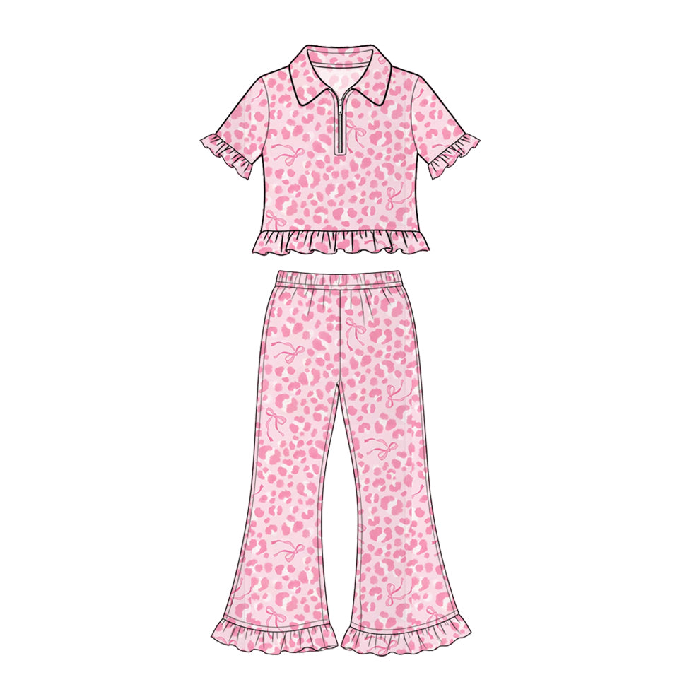 Preorder (moq 5) Baby Girl Clothes Soft Pink Leopard Bow Print Short Sleeve Ruffle Flare Pant Set