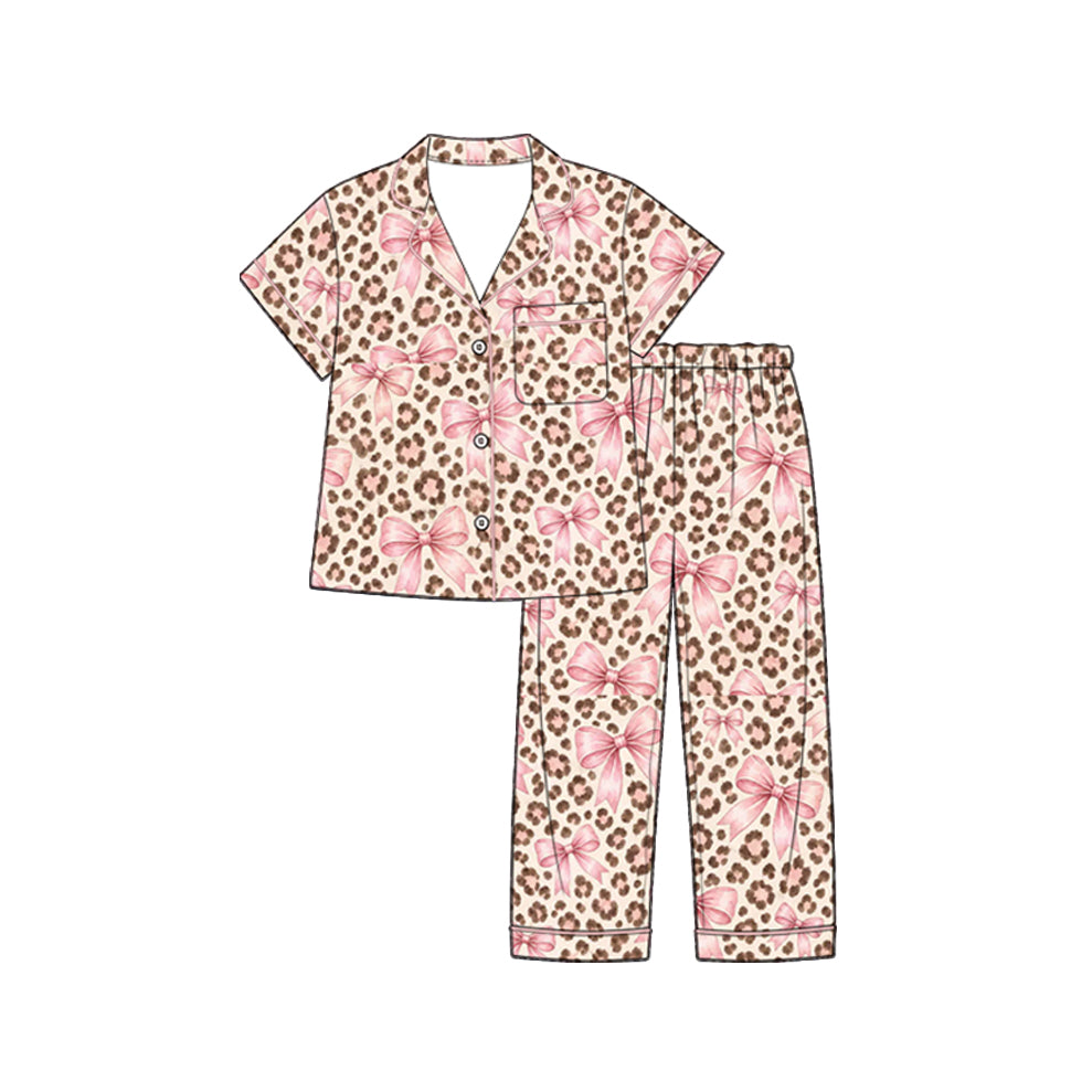 Preorder (moq 5) Baby Girl Clothes Leopard Pink Bow Mixed Print Short Sleeve Lapel Button Down Pajama Set