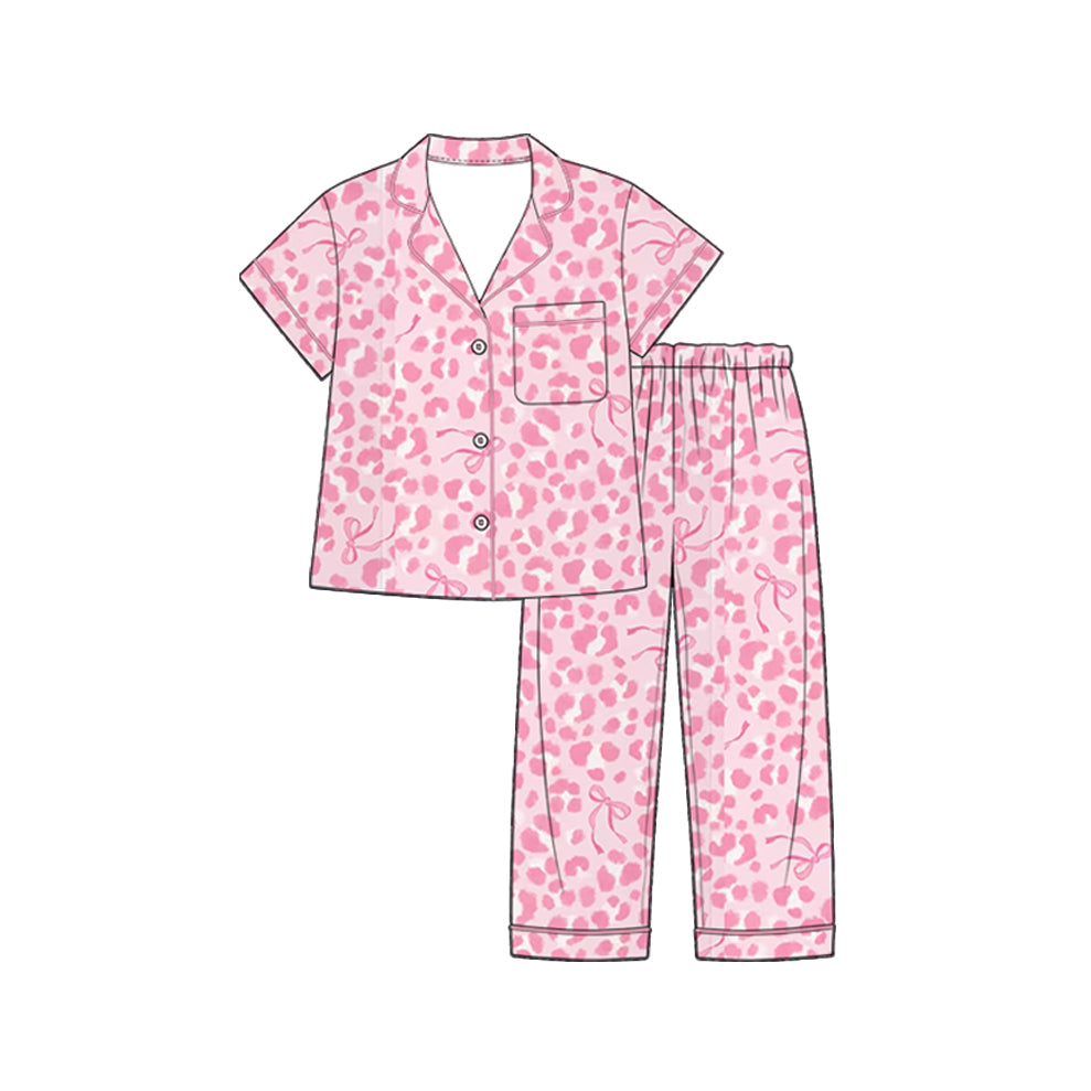 Preorder (moq 5) Baby Girl Clothes Soft Pink Leopard Bow Print Short Sleeve Lapel Button Down Pajama Set