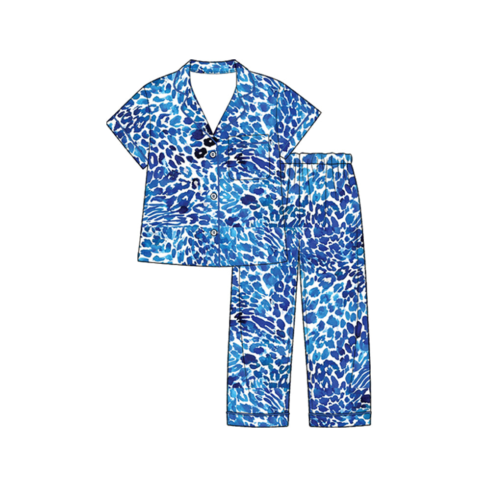 Preorder (moq 5) Baby Girl Clothes Bright Blue Leopard Print Short Sleeve Lapel Button Down Pajama Set