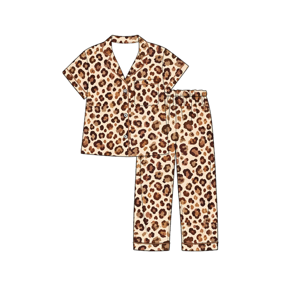 Preorder (moq 5) Baby Girl Clothes Classic Leopard Print Short Sleeve Lapel Button Down Pajama Set