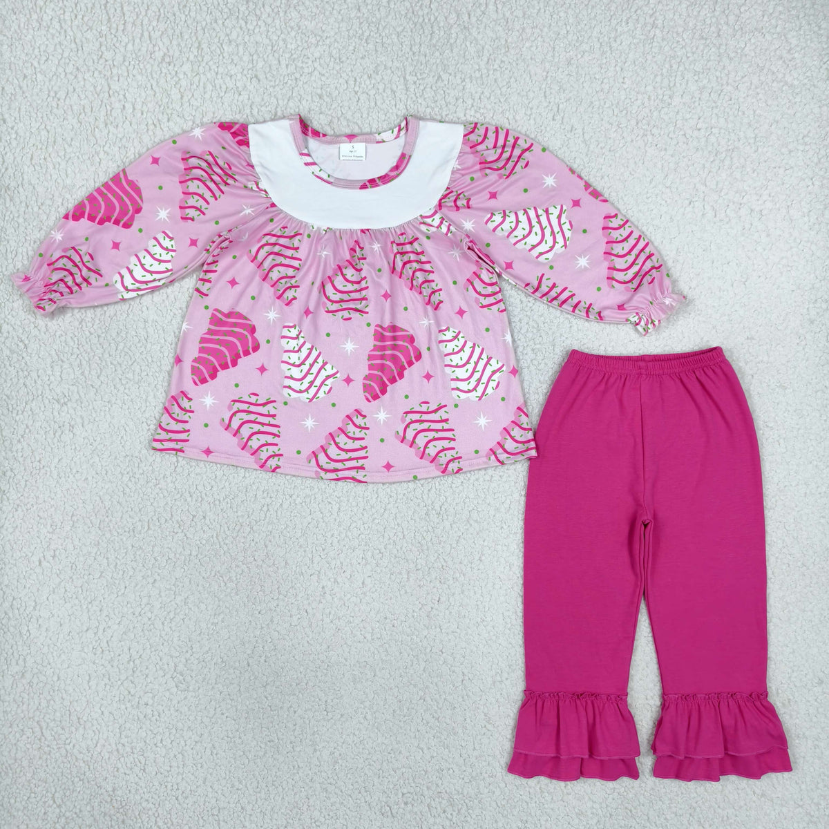 NO MOQ RTS GLP2502 Baby Girl Clothes Pink Christmas Tree Print Long Sleeve Ruffle Pant Set 202610