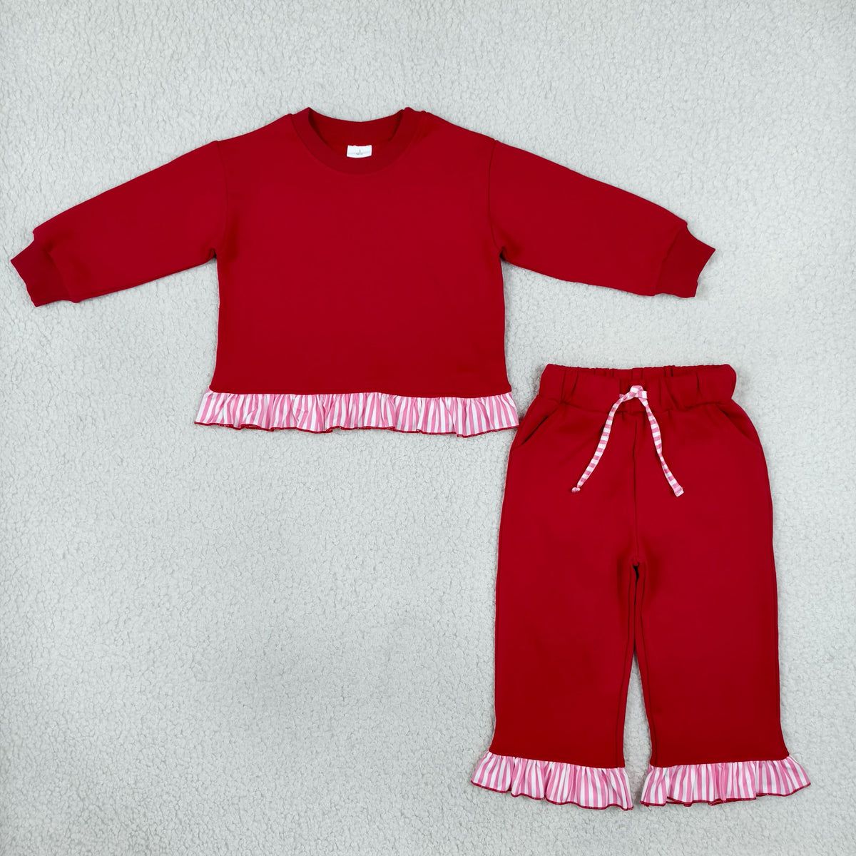 NO MOQ RTS GLP3648 Baby Girl Clothes Solid Red With Pink Stripe Ruffle Trim Long Sleeve Flare Pant Set 202610