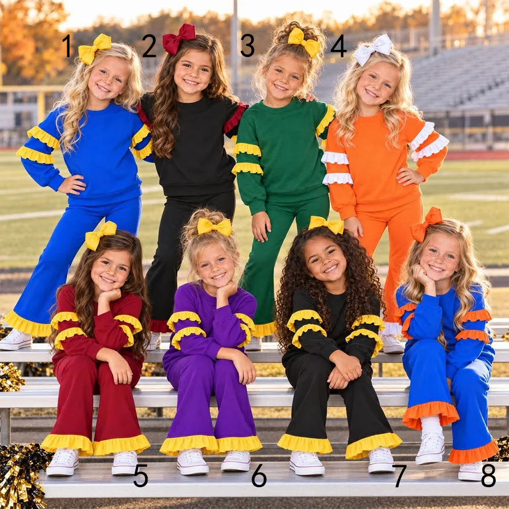 Preorder (moq 5) GLP4010 Baby Girl Clothes Forest Green Solid Yellow Cuff Stripe Long Sleeve Flare Pant Boutique Outfit