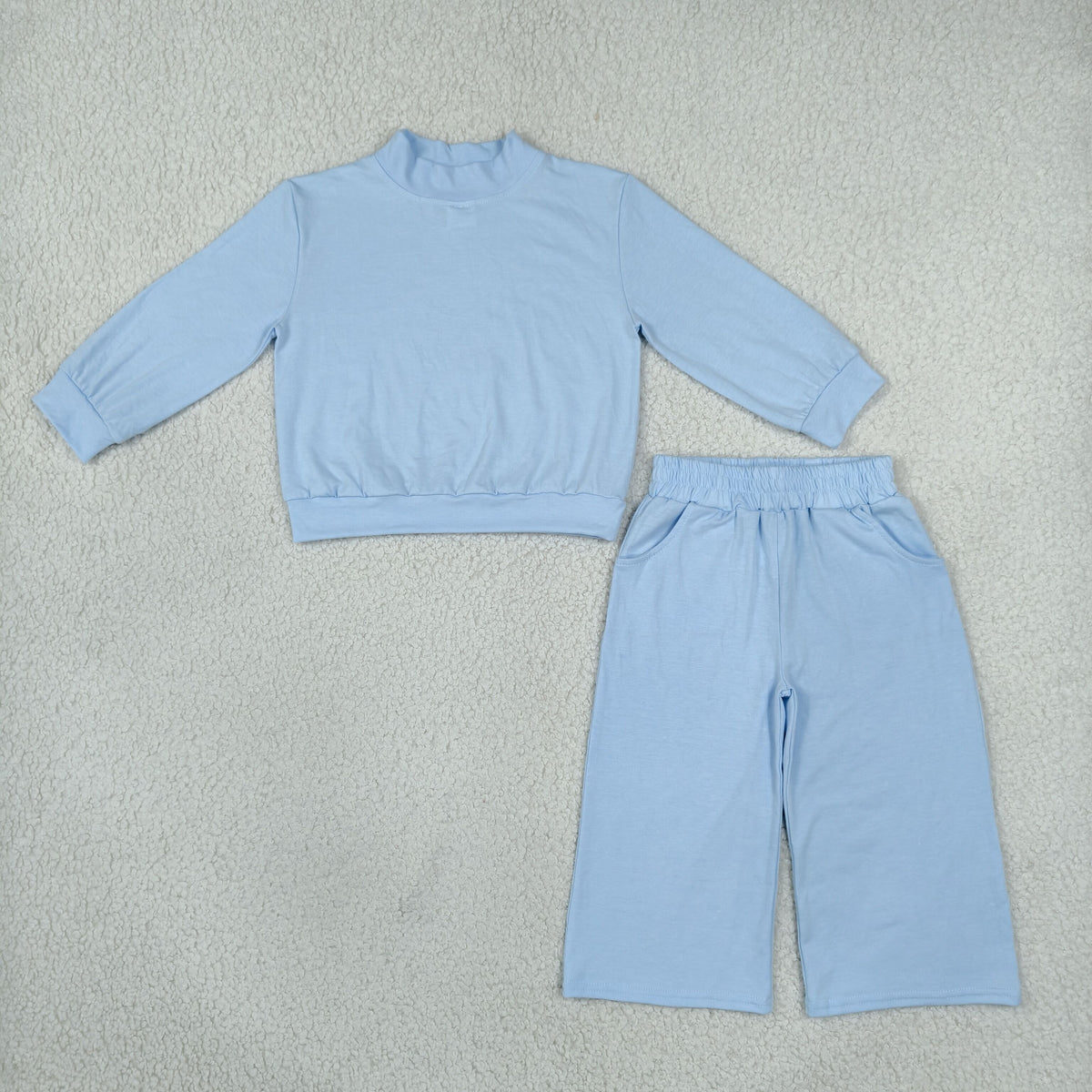 NO MOQ RTS GLP3472 Girl Clothes Solid Light Blue Plain Print Long Sleeve Mock Neck Top Wide Leg Pants Set 202610