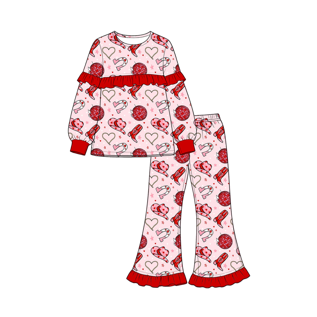 Preorder (moq 5) Baby Girl Clothes Valentine Cowboy Hat Heart Disco Ball Print Long Sleeve Ruffle Flare Pant Set