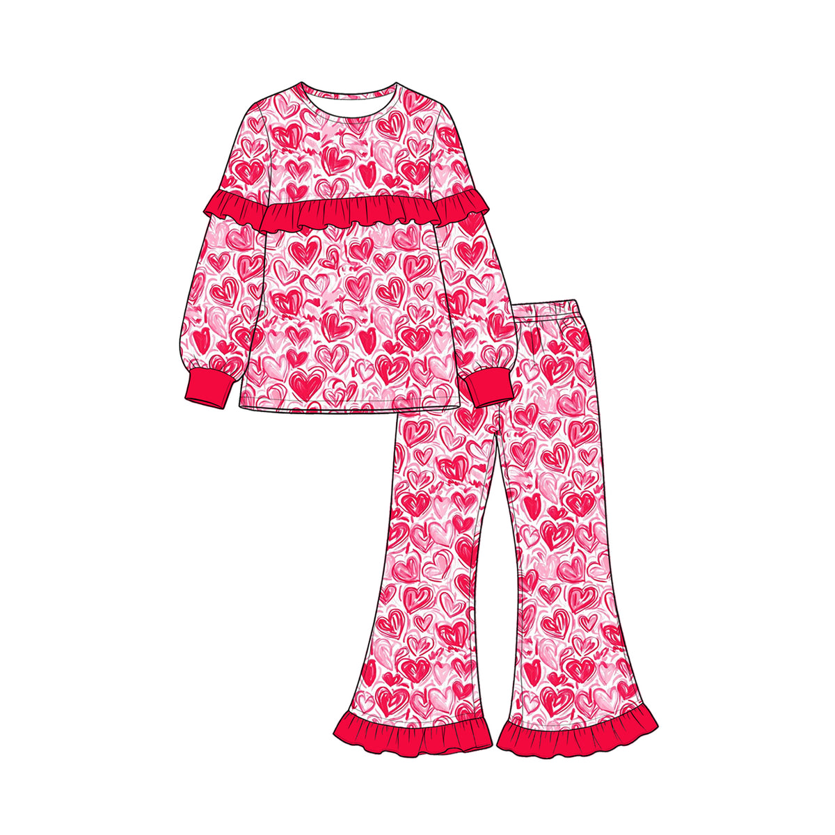 Preorder (moq 5) Baby Girl Clothes Valentine Red Watercolor Heart Print Long Sleeve Ruffle Flare Pant Set