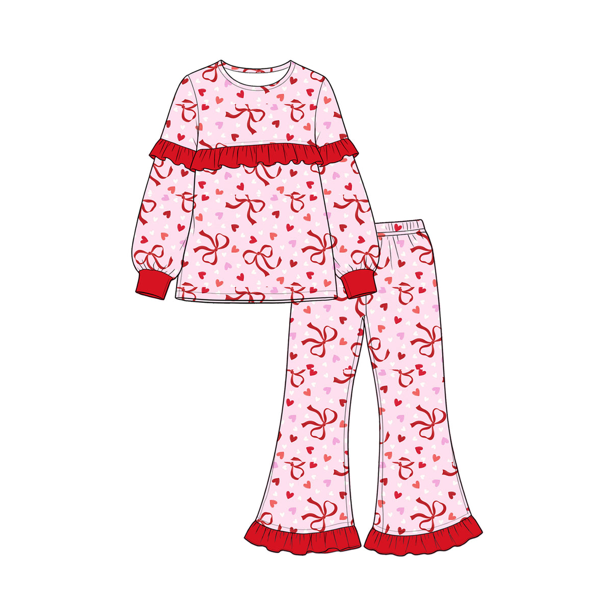 Preorder (moq 5) Baby Girl Clothes Valentine Red Bow Tiny Heart Print Long Sleeve Ruffle Flare Pant Set