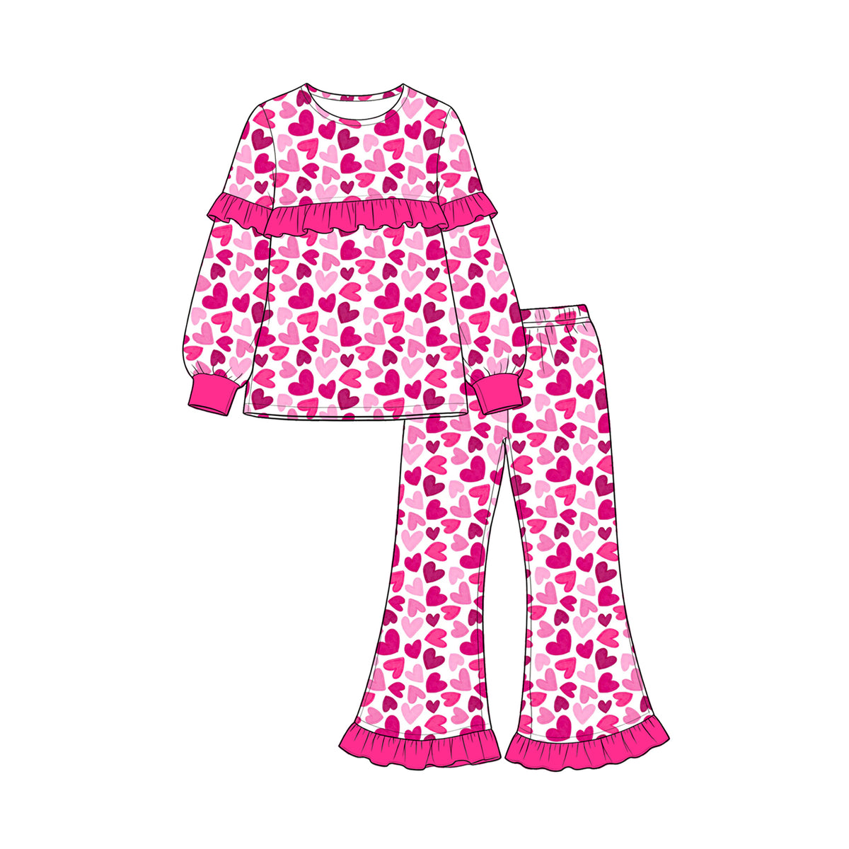 Preorder (moq 5) Baby Girl Clothes Valentine Pink Ombre Heart Print Long Sleeve Ruffle Flare Pant Set