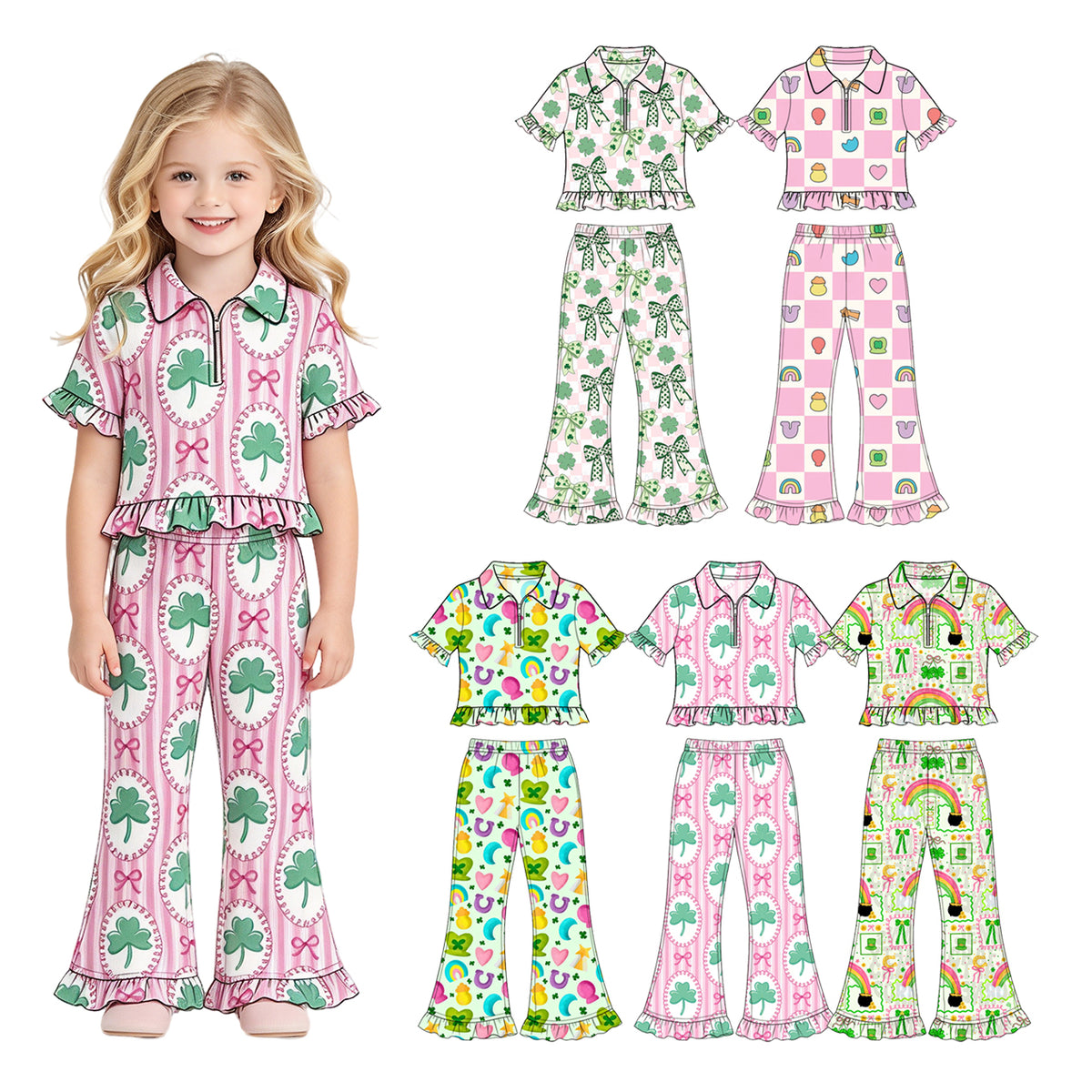 Preorder (moq 5) Baby Girl Clothes St Patricks Day Lucky Charm Rainbow Print Short Sleeve Ruffle Flare Pant Set
