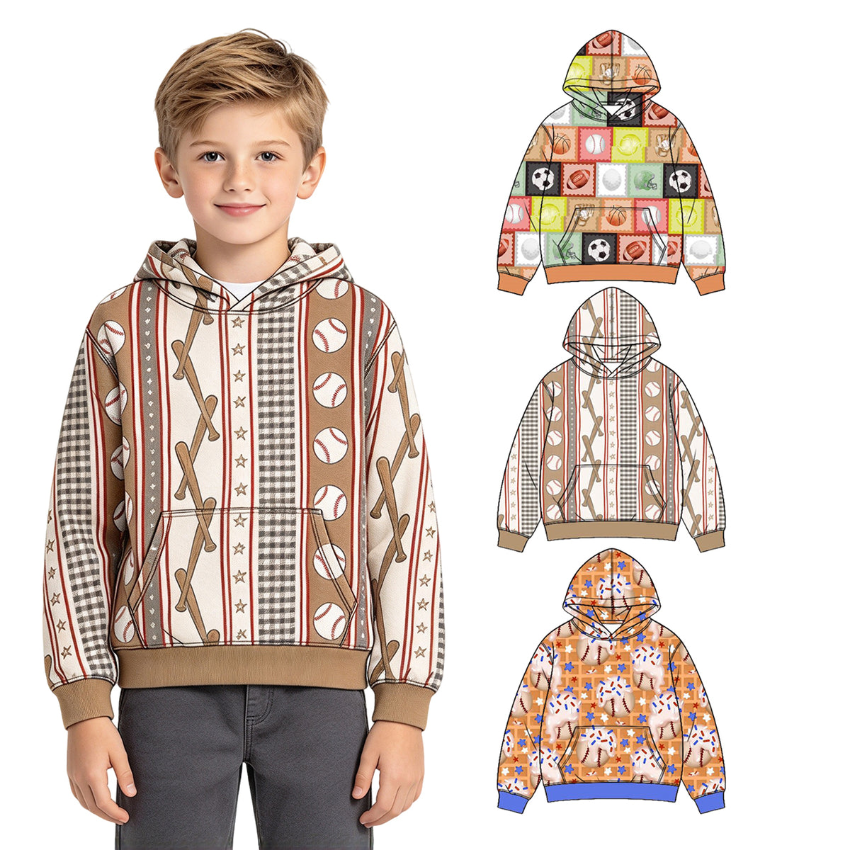 Preorder (moq 5) Baby Boy Clothes Baseball Bat Plaid Stripe Print Long Sleeve Hoodie