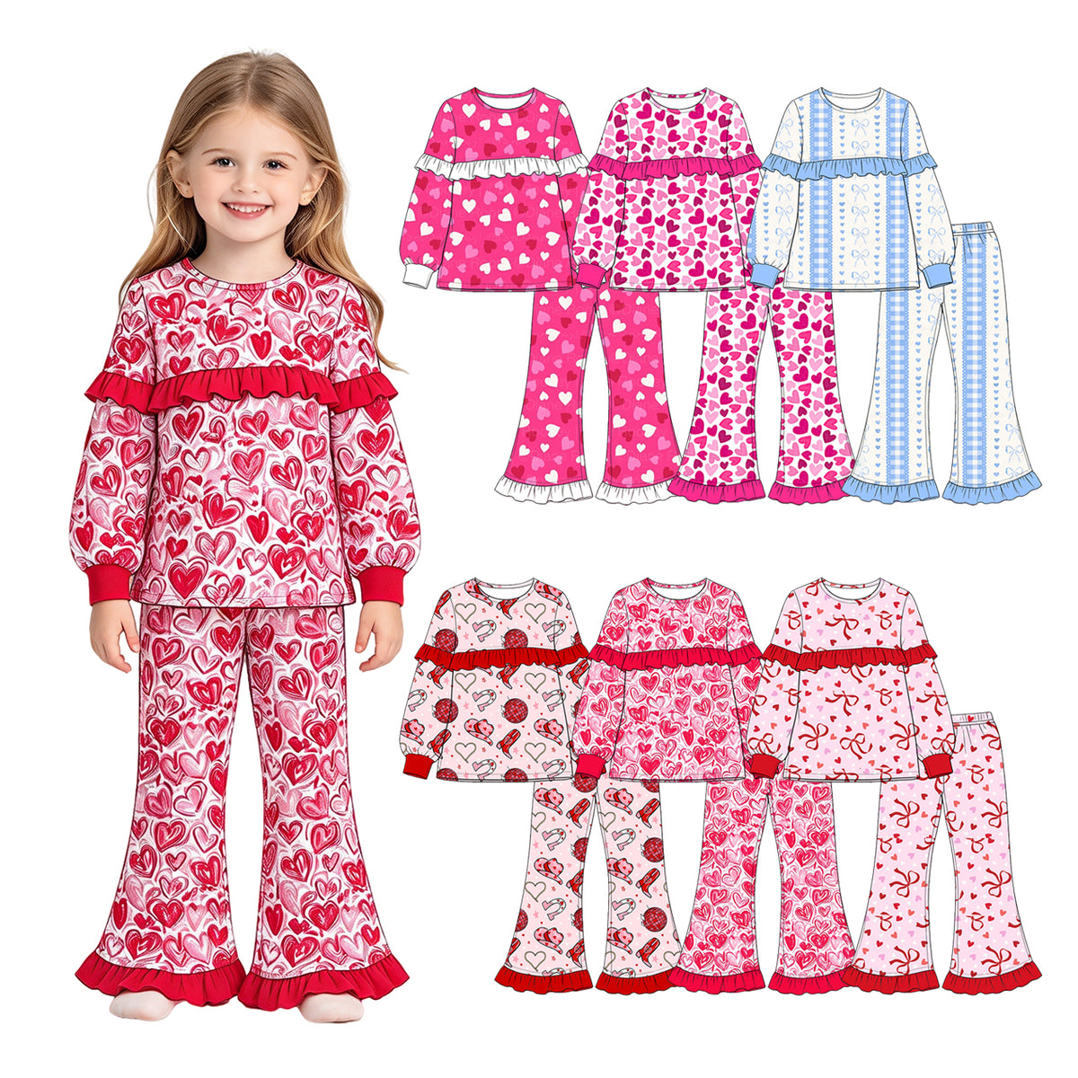 Preorder (moq 5) Baby Girl Clothes Blue Gingham Bow Heart Print Long Sleeve Ruffle Flare Pant Set