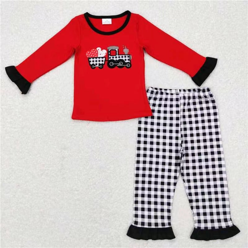 GLP0909 Valentine's day embroidery long sleeve love heart tractor plaid swallow girl outfit 20231004