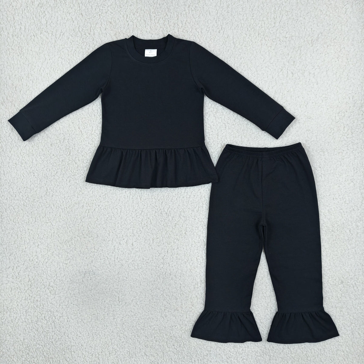 NO MOQ RTS GLP3885 Baby Girl Clothes Solid Black Ruffle Hem Long Sleeve Top Flare Pant Outfit Set 202610
