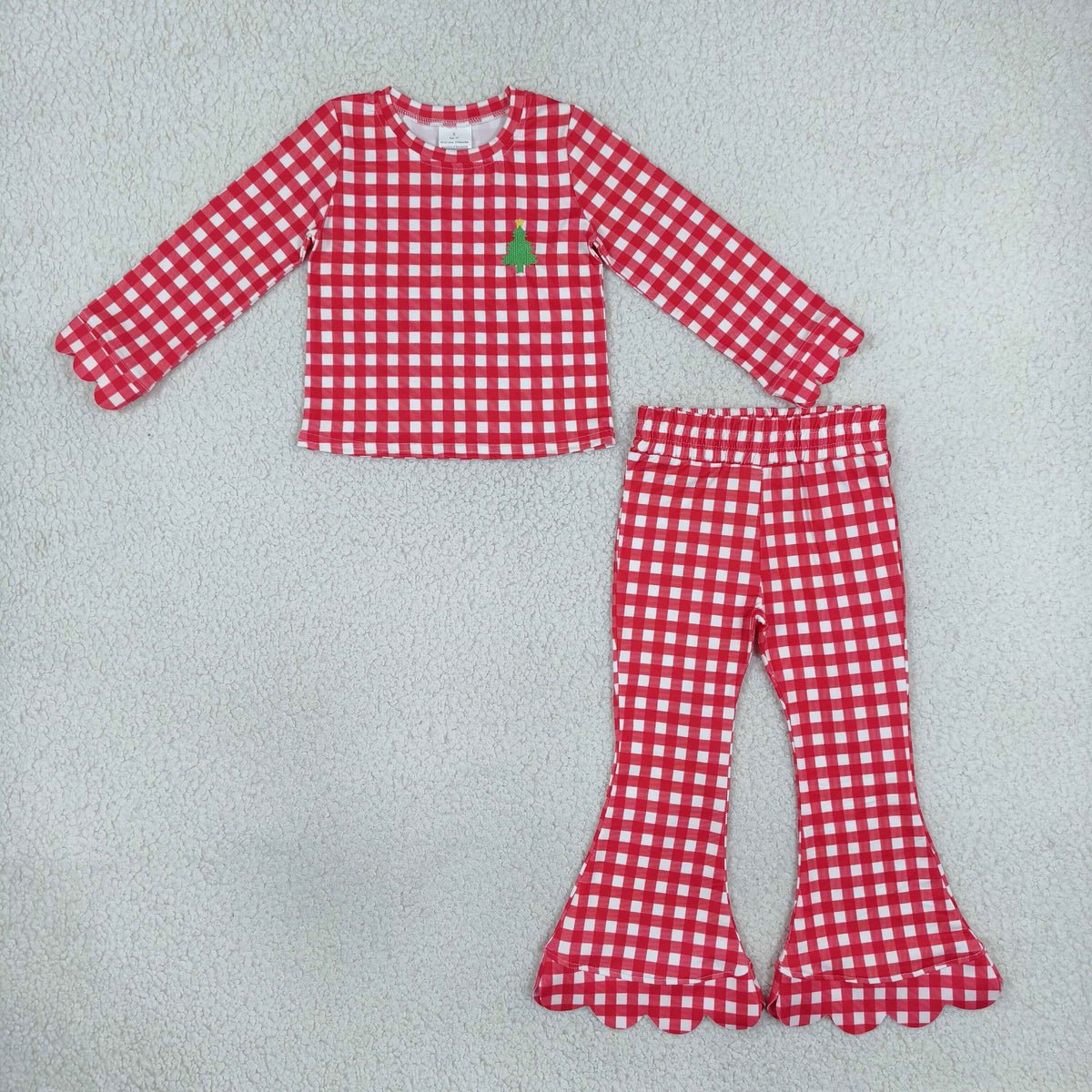 NO MOQ RTS GLP3590-embroidery Baby Girl Clothes Christmas Tree Embroidery Red Gingham Print Long Sleeve Top Flare Pant Outfit Set 202610