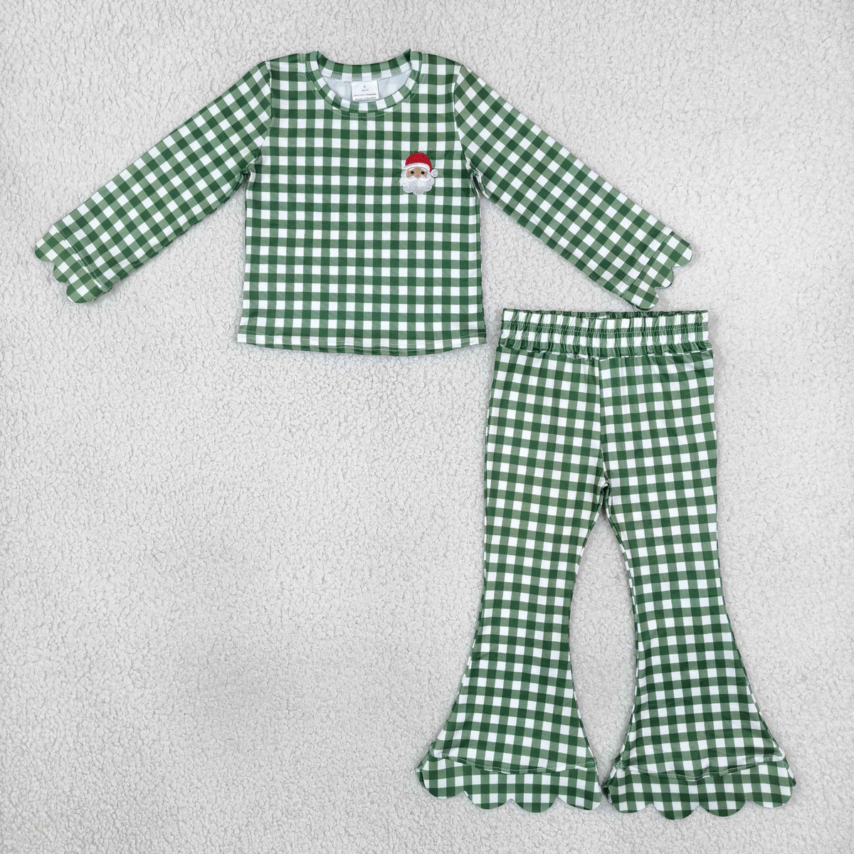 NO MOQ RTS GLP3589-embroidery Baby Girl Clothes Christmas Santa Embroidery Gingham Print Long Sleeve Top Flare Pant Outfit Set 202610