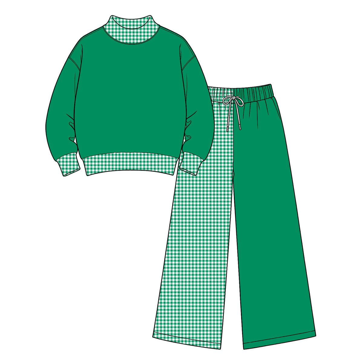 Preorder (moq 5) Baby Girl Clothes Green Solid Gingham Patchwork Print Long Sleeve Wide Leg Pant Set