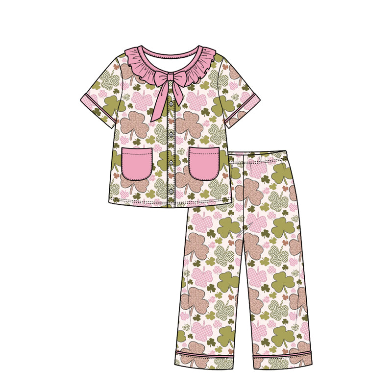Preorder (moq 5) Girls St Patrick Pajamas Neutral Shamrock Checker Print Ruffle Collar Bow Short Sleeve Top Long Pants Set