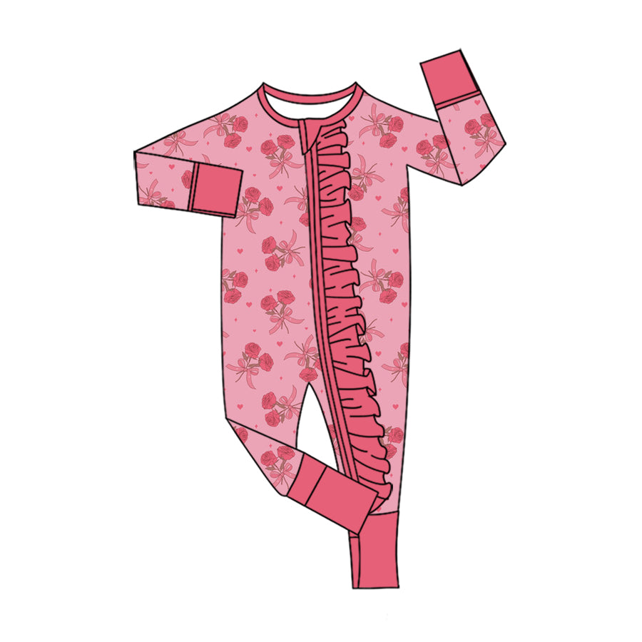 Preorder (moq 5) Baby Girl Clothes Dusty Pink Rose Bow Heart Allover Print Long Sleeve Ruffle Zipper Jumpsuit