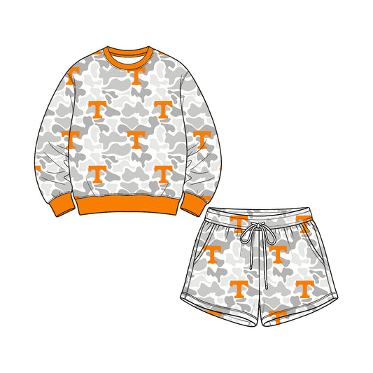 Preorder (moq 5) Tennessee Baby Clothes Grey Camo Logo Mixed Print Long Sleeve Sweatshirt Shorts Outfit Set