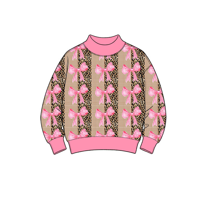 Preorder (moq 5) Baby Girl Clothes Leopard Gingham Pink Bow Mixed Print Long Sleeve Sweatshirt