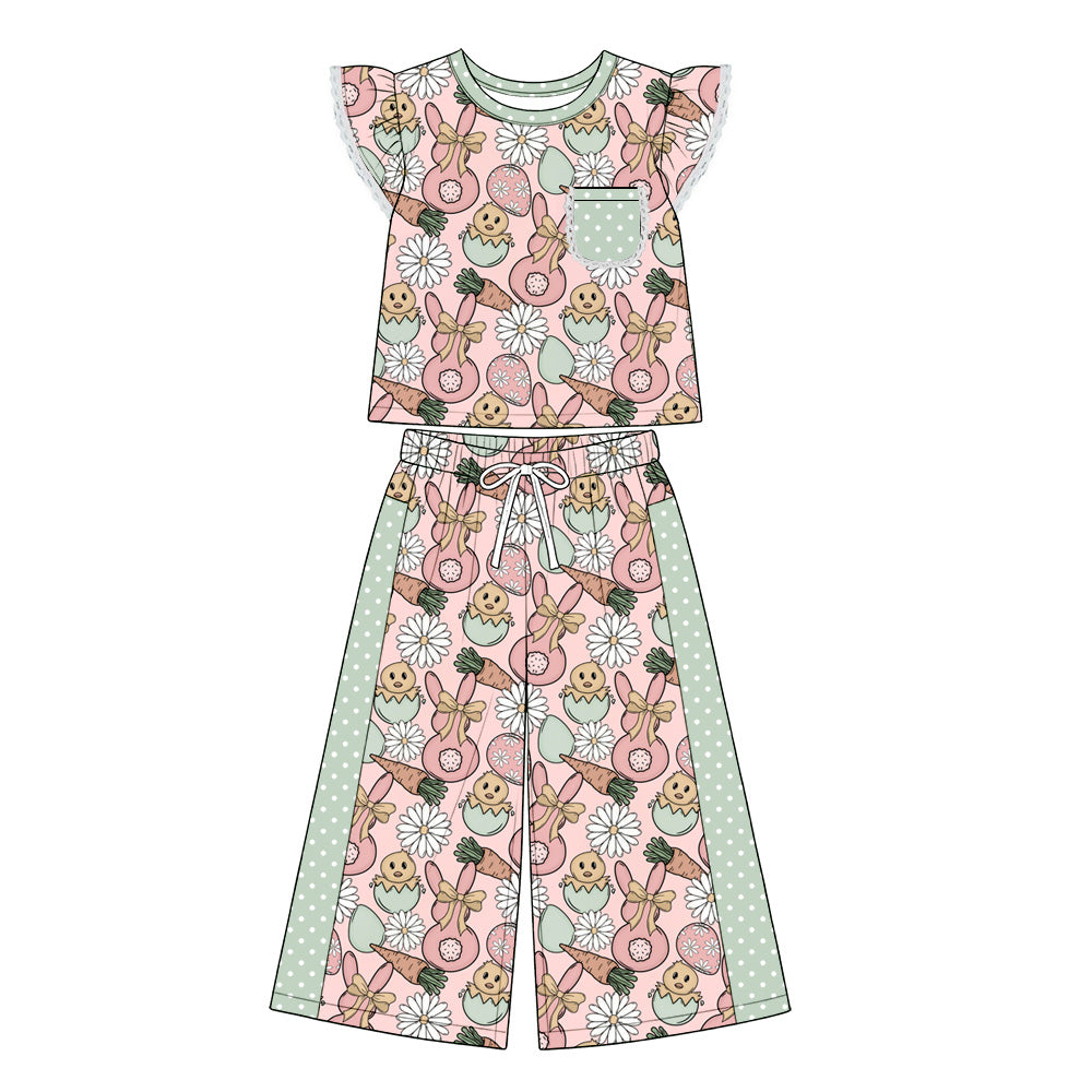 Preorder (moq 5) Baby Girl Clothes Easter Bunny Chick Egg Daisy Print Short Flutter Sleeve Top Wide Leg Pants Outfit Set