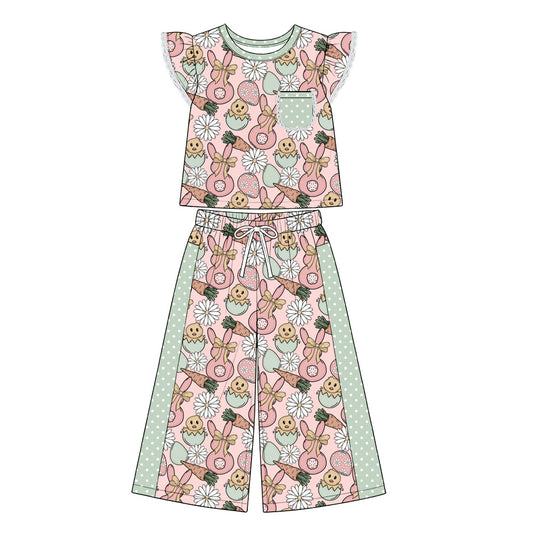 Preorder (moq 5) Baby Girl Clothes Easter Bunny Chick Egg Daisy Print Short Flutter Sleeve Top Wide Leg Pants Outfit Set
