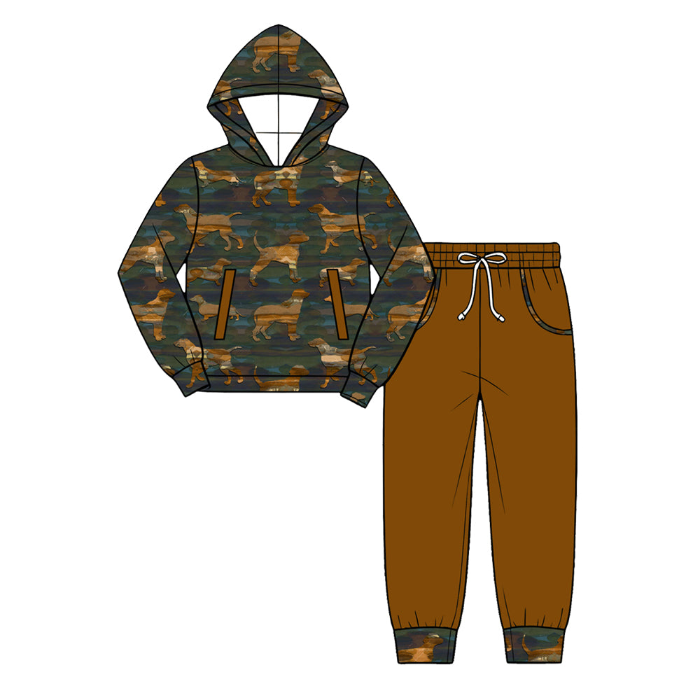 Preorder (moq 5) Baby Boy Clothes Vizsla Dog Camo Print Long Sleeve Hoodie Brown Jogger Pants Outfit Set