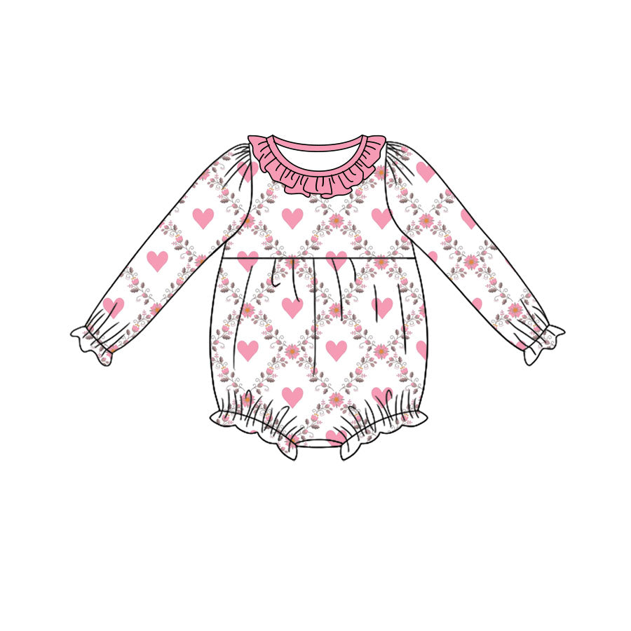 Preorder (moq 5) Baby Girl Clothes Heart Floral Print Long Sleeve Ruffle Neck Bubble Romper