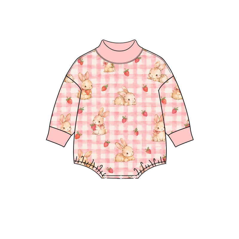 Preorder (moq 5) Baby Girl Clothes Easter Strawberry Bunny Pink Gingham Print Long Sleeve Mock Neck Bubble Romper