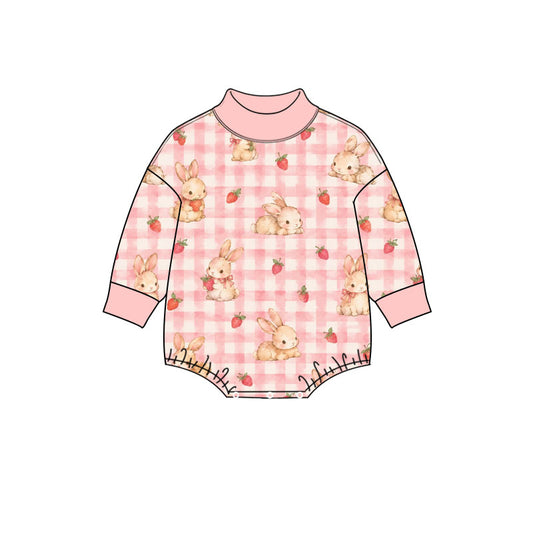 Preorder (moq 5) Baby Girl Clothes Easter Strawberry Bunny Pink Gingham Print Long Sleeve Mock Neck Bubble Romper