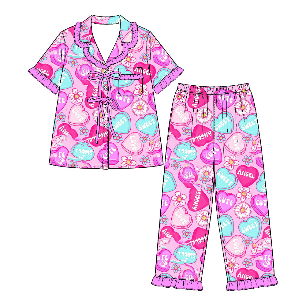 Preorder (moq 5) Baby Girl Clothes Valentine Sweet Heart Daisy Mixed Print Short Sleeve Ruffle Pajama Set