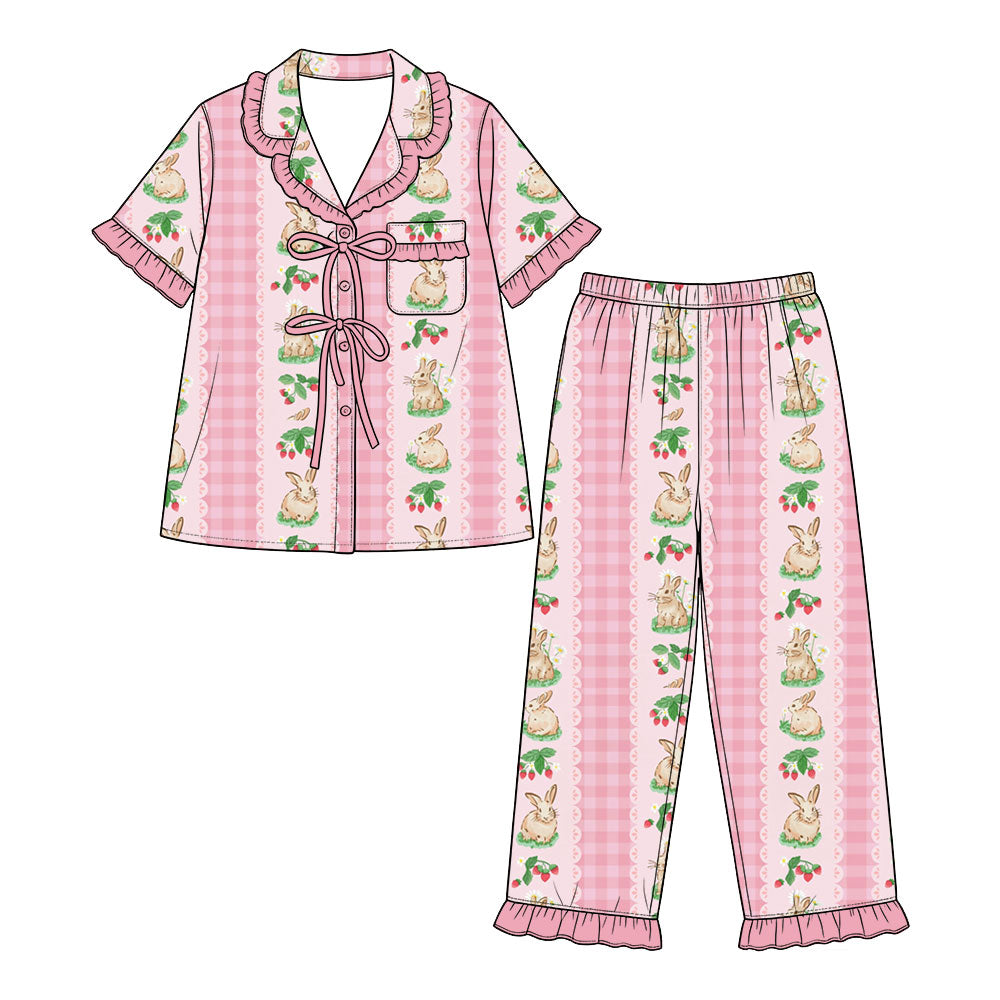 Preorder (moq 5) Baby Girl Clothes Easter Bunny Strawberry Plaid Print Short Sleeve Ruffle Pajama Set