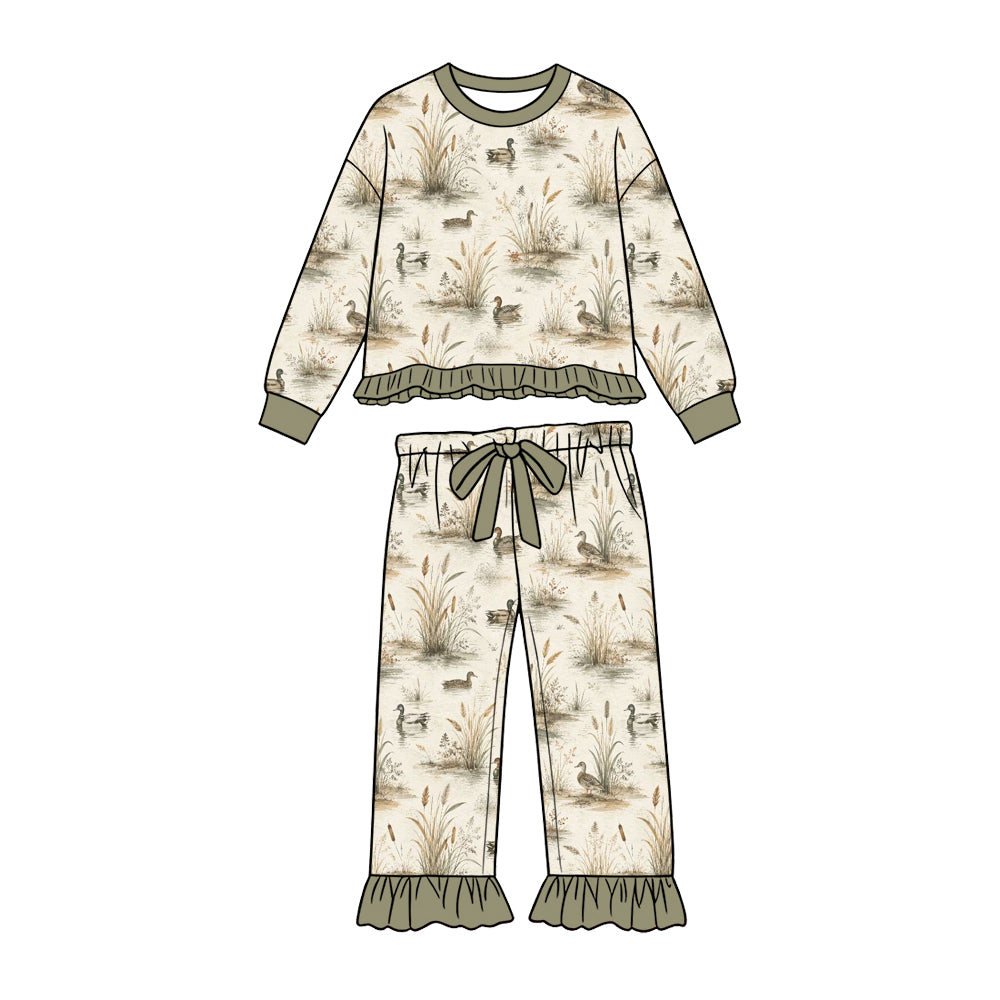 Preorder (moq 5) Baby Girl Clothes Vintage Mallard Duck Pond Reeds Print Long Sleeve Ruffle Top Ruffle Pant Set
