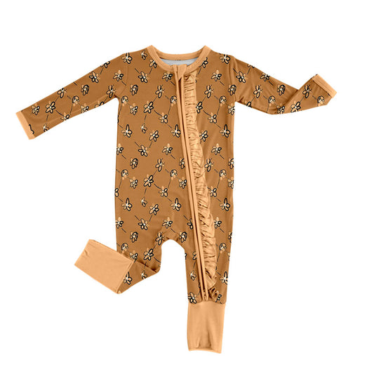 Preorder (moq 5) Baby Girl Clothes Brown Tiny Floral Print Long Sleeve Ruffle Zip Front Romper Jumpsuit
