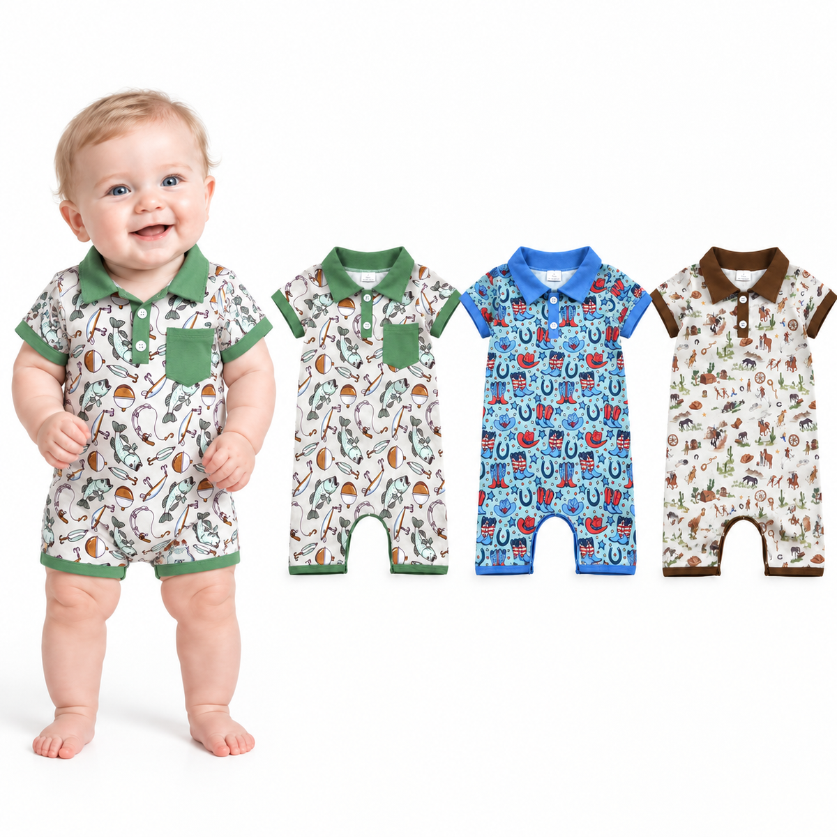 NO MOQ RTS SR2472 Baby Boy Clothes Fishing Bass Fish Print Short Sleeve Polo Romper 202610
