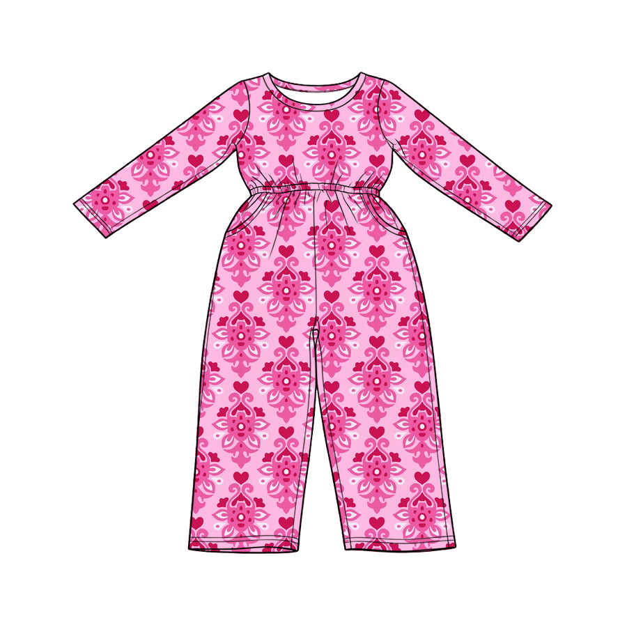 Preorder (moq 5) Baby Girl Clothes Damask Heart Allover Print Long Sleeve Elastic Waist Pocket Jumpsuit