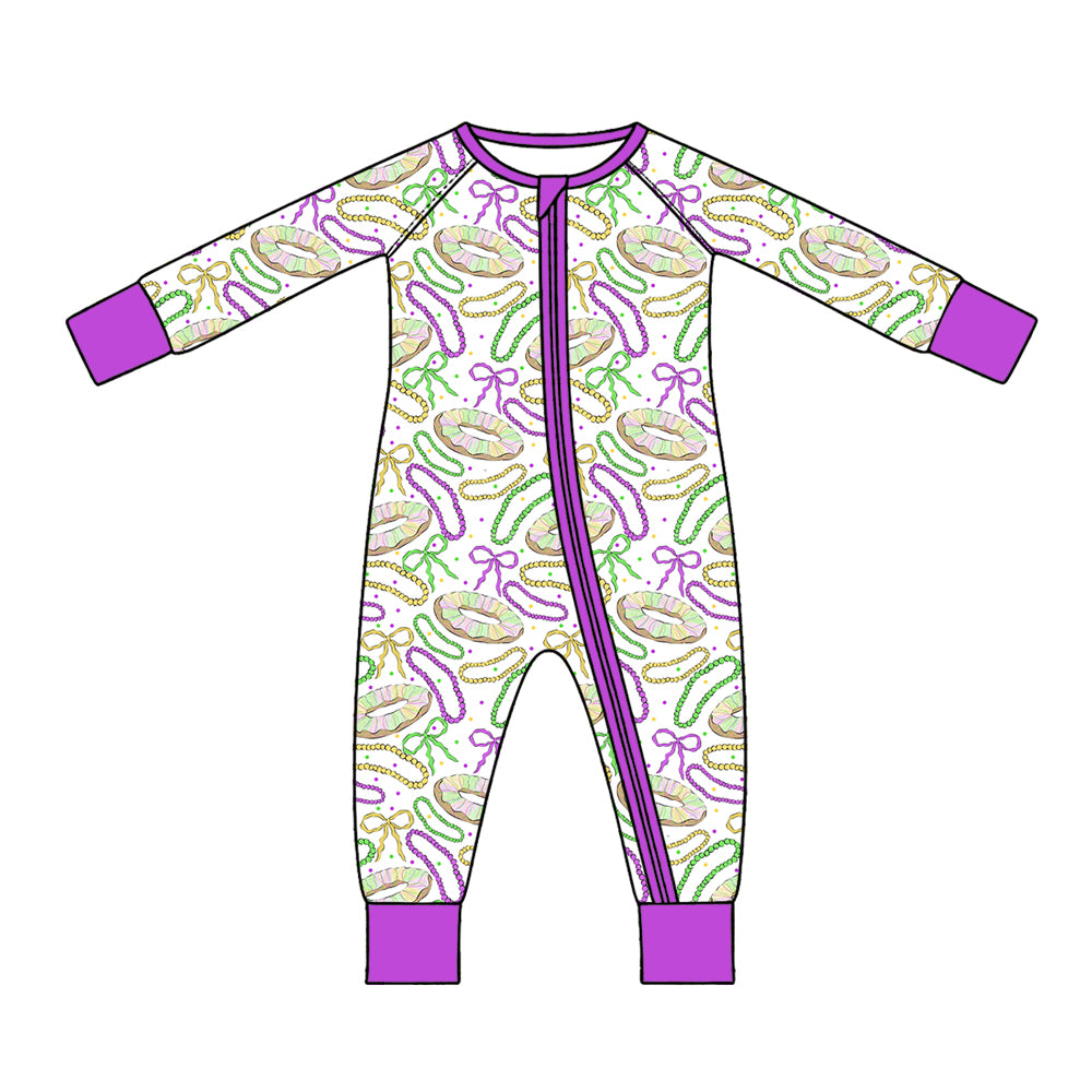 Preorder (moq 5) Baby Girl Clothes Mardi Gras King Cake Bead Bow Mixed Print Long Sleeve Zipper Romper