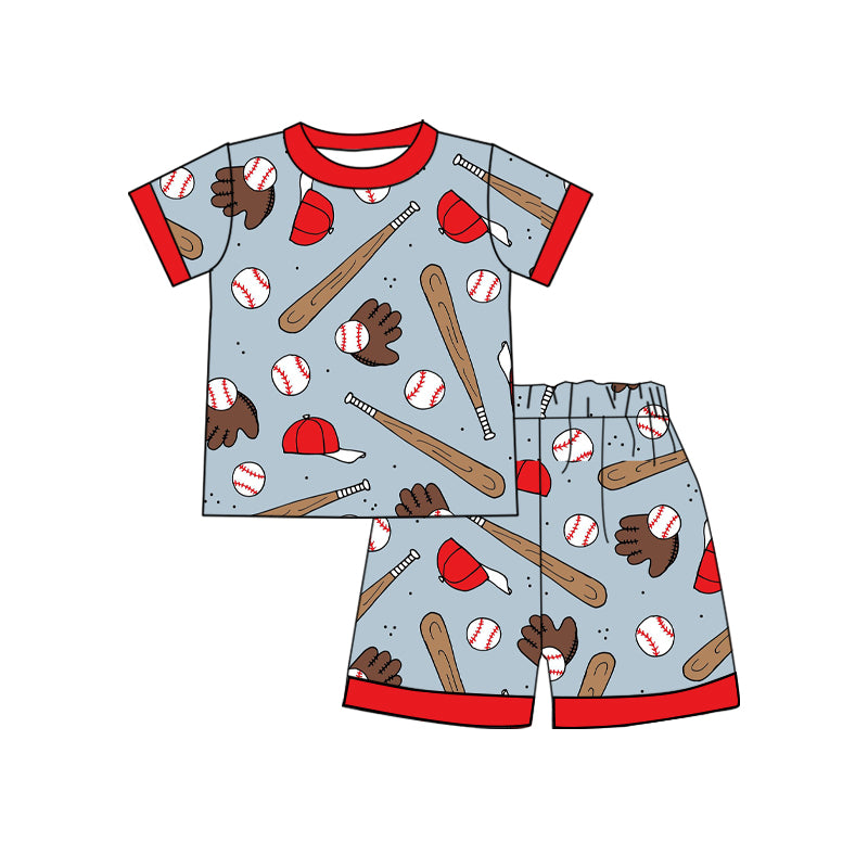 Preorder (moq 5) Boys Outfit Baseball Bat Glove Cap Print Short Sleeve Top And Shorts Set