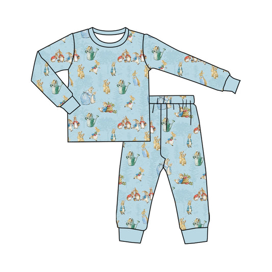 Preorder (moq 5) Baby Boy Clothes Easter Vintage Rabbit Garden Print Long Sleeve Pajama Set